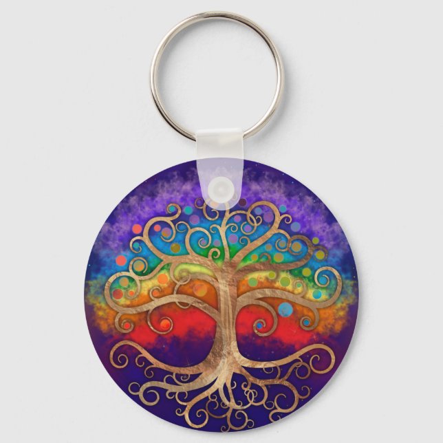 Tree of life Golden Swirl and Rainbow Key Ring (Front)
