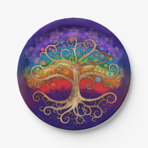 Tree of life Golden Swirl and Rainbow Paper Plate