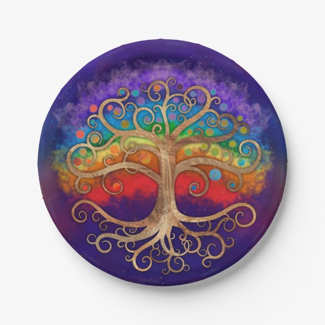 Tree of life Golden Swirl and Rainbow Paper Plate (Front)