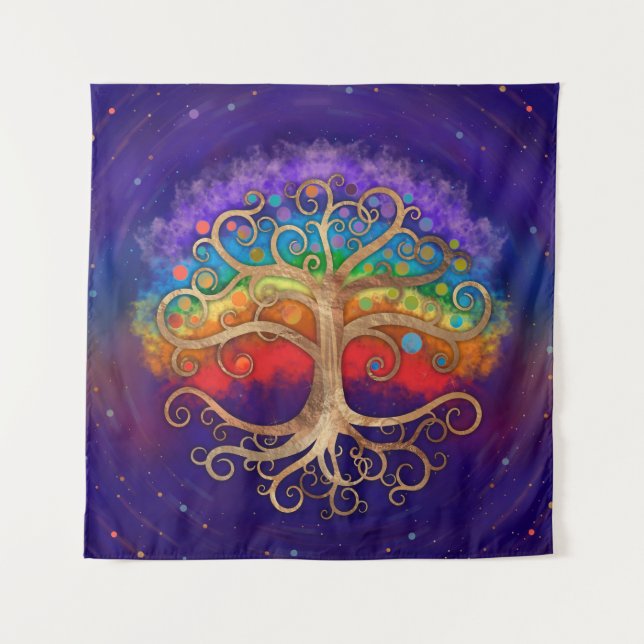 Tree of life Golden Swirl and Rainbow Tapestry (Front)