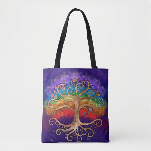 Tree of life Golden Swirl and Rainbow Tote Bag (Front)