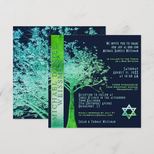 Tree of Life  Green Blue Bar Mitzvah Invitation (Front/Back)