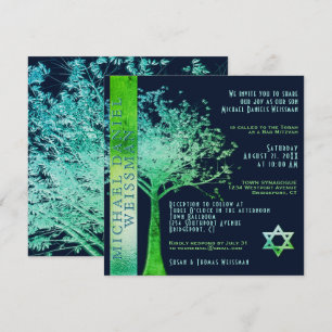 Tree of Life  Green Blue Bar Mitzvah Invitation