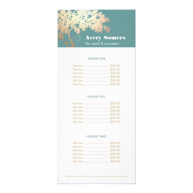 Tree of Life Health and Wellness Price List Menu (Front)
