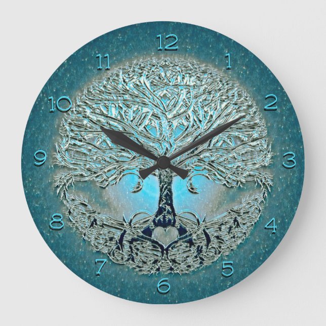 Tree of Life Heart in Blue Colours Large Clock (Front)