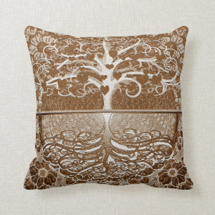 Tree of Life Hearts in Brown by Amelia Carrie Cushion