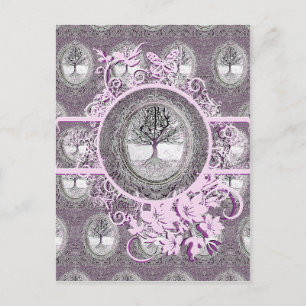 Tree of Life in Black and White with Flowers Postcard