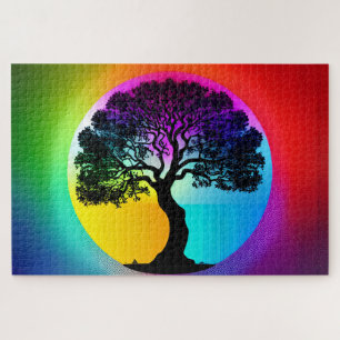 Tree of Life in the Middle of Rainbow Circle Jigsaw Puzzle