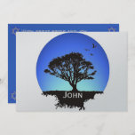 Tree of Life Invitation<br><div class="desc">Silver background highlights a tree silhouette with the child's name in white. The back matches the colours on the front with a blue background and silver lettering.</div>