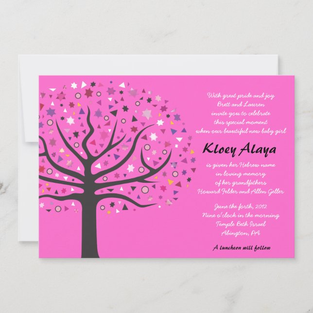 Tree of Life Jewish Baby Naming Invitation (Front)