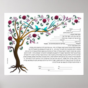 Tree of Life Ketubah in Hebrew with 7 pomegranated Poster