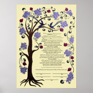 Tree of Life Ketubah & pomegranates, portrait-hi Poster