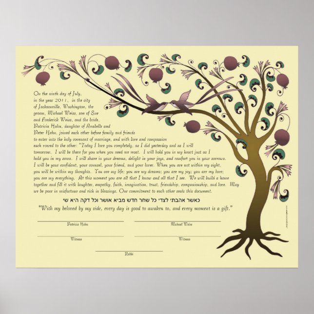 Tree of Life ketubah w/ Hebrew quote (rose/ straw) Poster (Front)