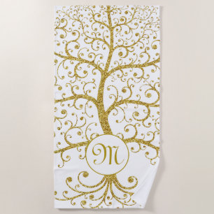 Tree of Life Monogram Gold Luxury Modern Beach Towel