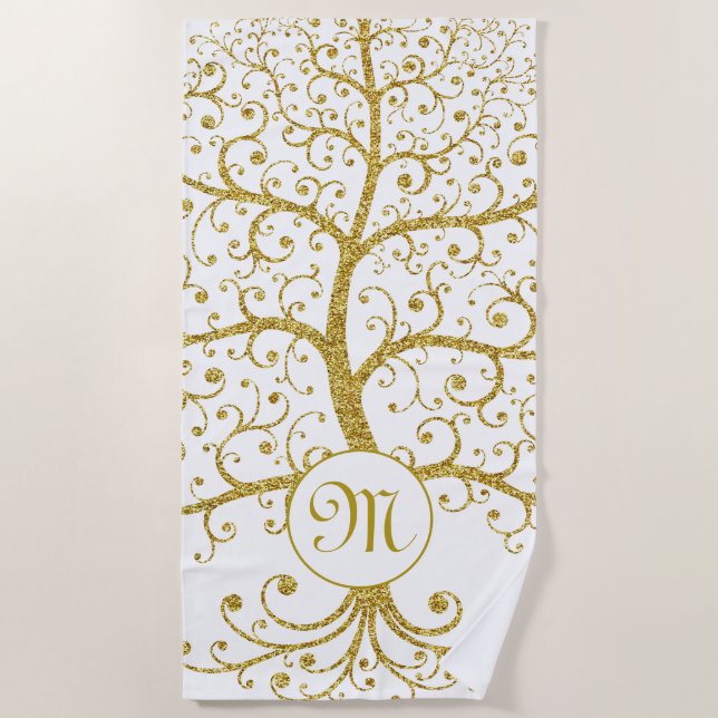 Tree of Life Monogram Gold Luxury Modern Beach Towel (Front)