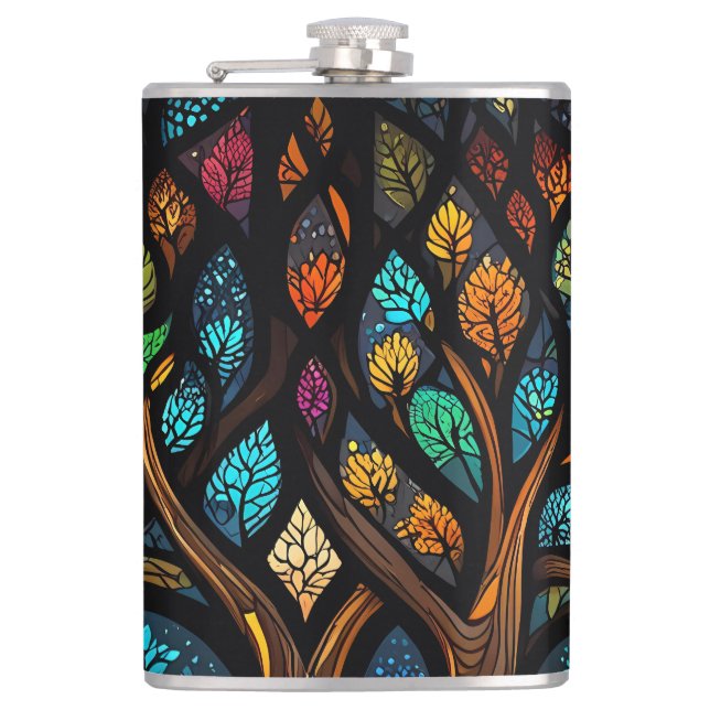 Tree of Life Mosaic Coloured leaves Stained Glass  Hip Flask (Front)