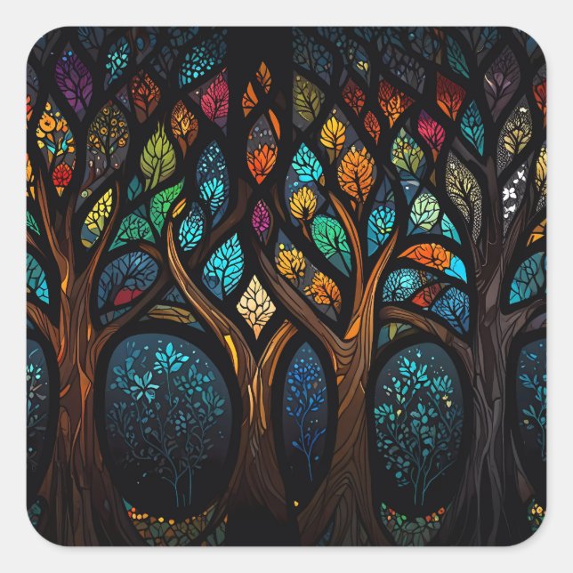 Tree of Life Mosaic Coloured leaves Stained Glass  Square Sticker (Front)