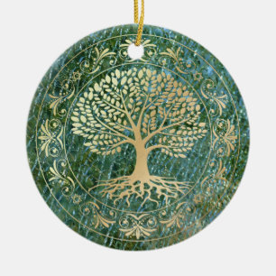 Tree of Life on Green Mosaic Glass Background Ceramic Tree Decoration