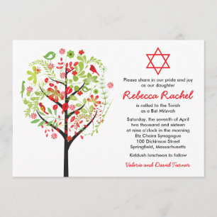 Tree of Life Red Green Bat Mitzvah Invitation