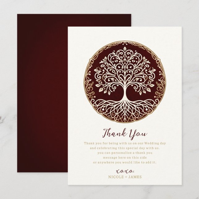 Tree of Life Rustic Dark Red Celtic Thank You Invitation (Front/Back)