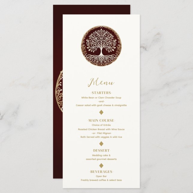 Tree of Life Rustic Dark Red Celtic Wedding Menu (Front/Back)