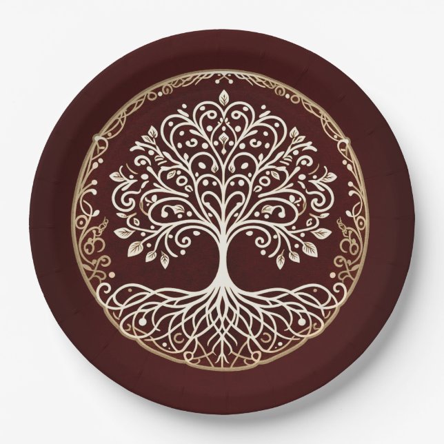 Tree of Life Rustic Dark Red Celtic Wedding Paper Plate (Front)
