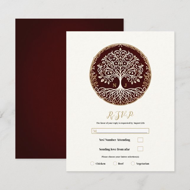 Tree of Life Rustic Dark Red Celtic Wedding RSVP Invitation (Front/Back)