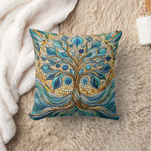 Tree of Life Shattered Glass Mosaic Aqua Blues  Cushion