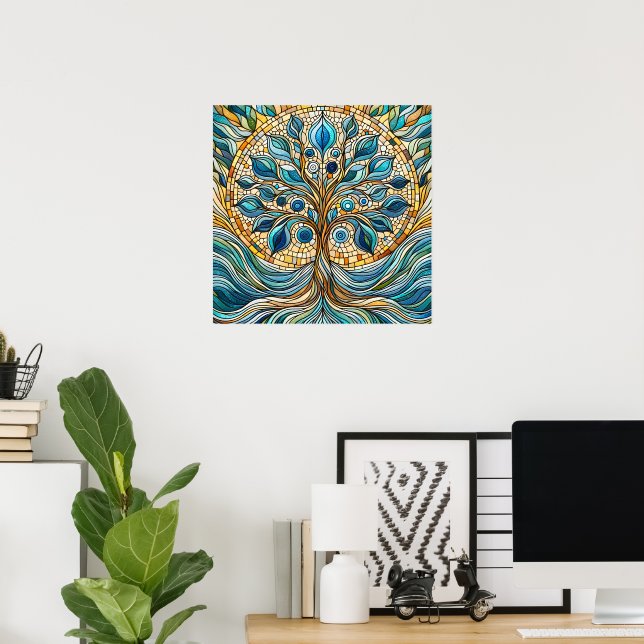 Tree of Life Shattered Glass Mosaic Aqua Blues  Poster (Home Office)
