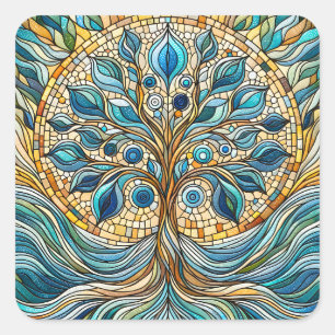 Tree of Life Shattered Glass Mosaic Aqua Blues  Square Sticker