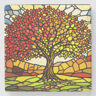 Tree of Life Shattered Glass Mosaic Autumn Colors  Stone Coaster
