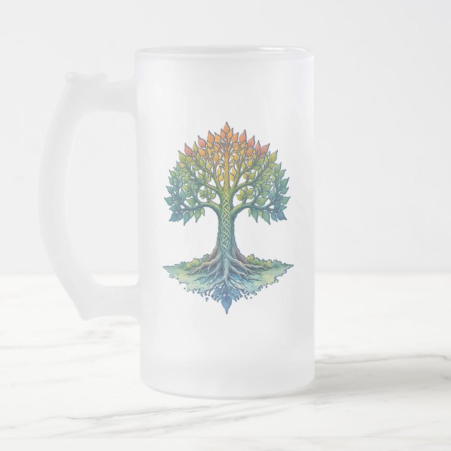 Tree of Life Shifting Dawn  Frosted Glass Beer Mug (Left)