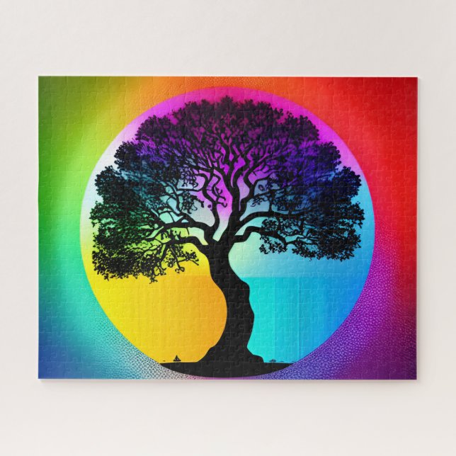 Tree of Life Silhouette in Front of Rainbow Sky Jigsaw Puzzle (Horizontal)