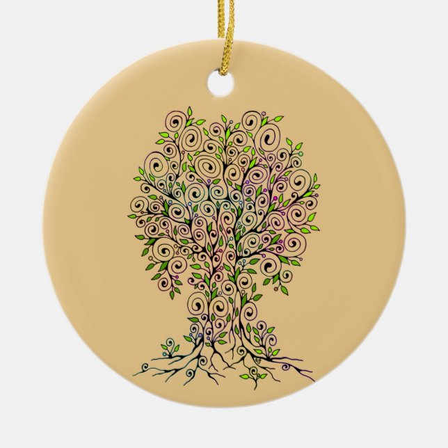 Tree Of Life - Spirals Leaves Fruits 1 Ceramic Tree Decoration (Front)