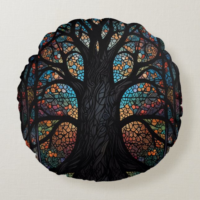 Tree Of Life Stained Glass Mosaic Art  Round Cushion (Front)