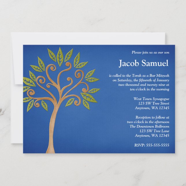 Tree of Life Swirls Blue Bar Mitzvah Invitations (Front)