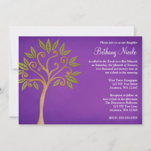 Tree of Life Swirls Purple Bat Mitzvah Invitations