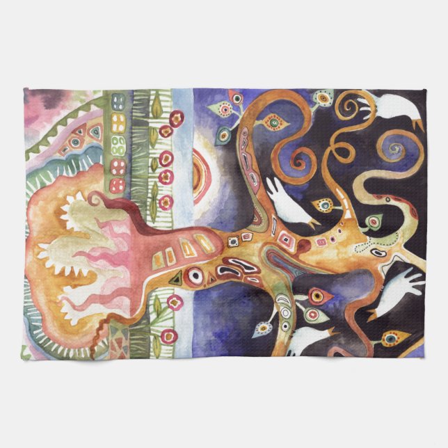 TREE OF LIFE Watercolor Doves Tea Towel (Horizontal)