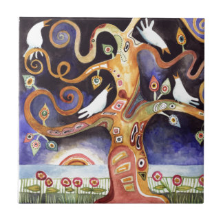 TREE OF LIFE Watercolor Doves Tile