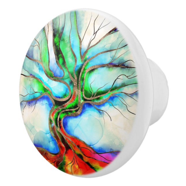 Tree of life - watercolor, ink and gold ceramic knob (Right)