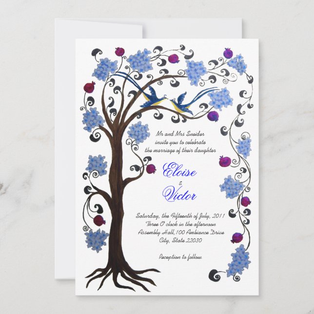 Tree of Life wedding invitation (v) blue/white (Front)