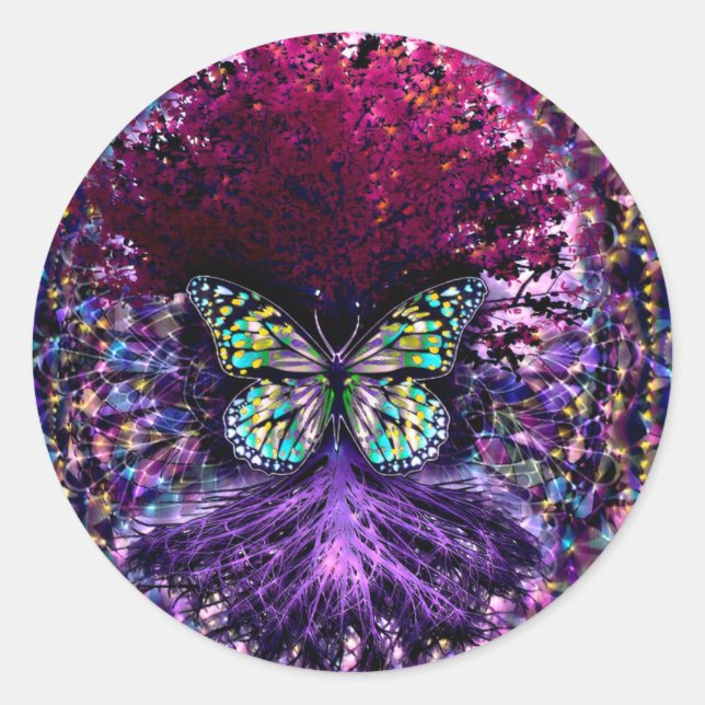 Tree of Life with Butterfly Purple Classic Round Sticker (Front)