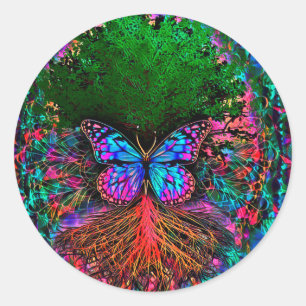 Tree of Life with Butterfly Rainbow Classic Round Sticker