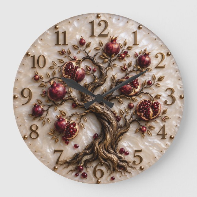 Tree of Life with Pomegranates | 3D Relief Art Large Clock (Front)