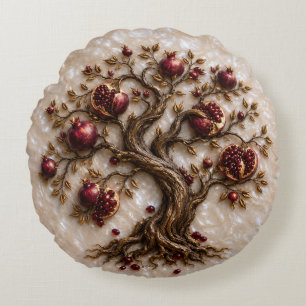 Tree of Life with Pomegranates 3D Relief Art Round Cushion