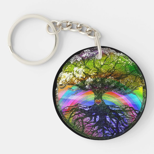 Tree of Life with Rainbow Heart Key Ring (Front)