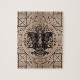 Tree of life - with ravens wooden texture jigsaw puzzle