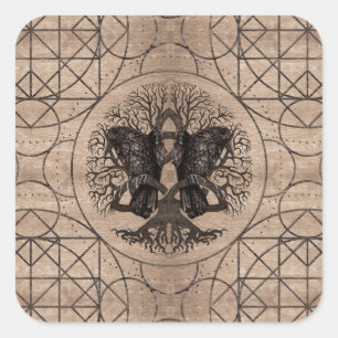Tree of life - with ravens wooden texture square sticker