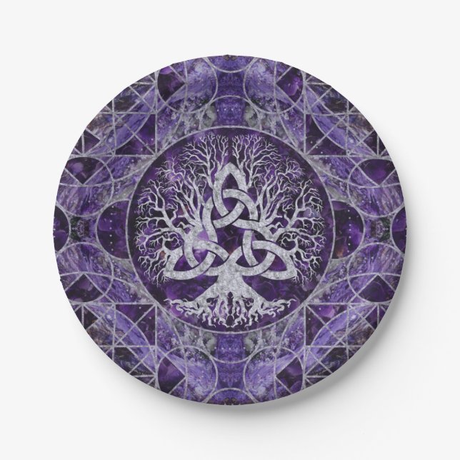 Tree of life with Triquetra Amethyst and silver Paper Plate (Front)