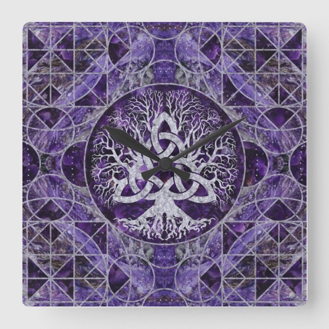 Tree of life with Triquetra Amethyst and silver Square Wall Clock (Front)